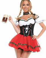 Theodora | Damen Rotes Oktoberfest Dirndl Mit Schwarzem Mieder Und Mini Rock Stil in Rot