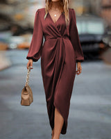 Theodora Damen langärmeliges Wickel Midikleid in Bordeaux