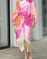 Thisbe | Damen Fransen One-Shoulder Midi Set in Rosa