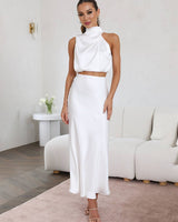Tindra | Damen Neckholder Zweiteiler Crop Top Maxirock in Weiß