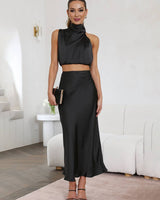 Tindra | Damen Neckholder Zweiteiler Crop Top Maxirock in Schwarz