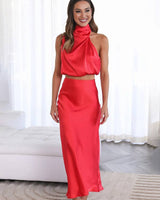 Tindra | Damen Neckholder Zweiteiler Crop Top Maxirock in Rot