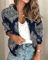 Ulrike | Damen Bomberjacke mit Reißverschluss, Blumenmuster und Besonderem Design in Blau