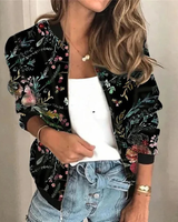 Ulrike | Damen Bomberjacke mit Reißverschluss, Blumenmuster und Besonderem Design in Schwarz