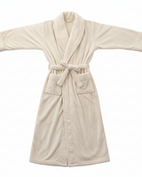 Unisex Bademantel lang mit Gürtel, Schalkragen und aufgesetzten Taschen in Beige