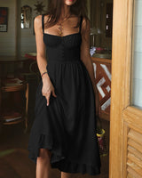 Damen ärmelloses Midi Kleid mit Knopfleiste und Rüschensaum in Schwarz