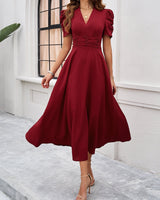 Strukturierte Puff Kurzarm Raffungen Midikleid A Linie Tailliert Casual Chic in Rot