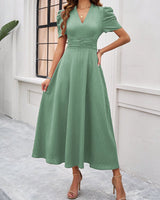 Strukturierte Puff Kurzarm Raffungen Midikleid A Linie Tailliert Casual Chic in Hellgrün