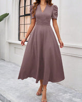 Strukturierte Puff Kurzarm Raffungen Midikleid A Linie Tailliert Casual Chic in Braun