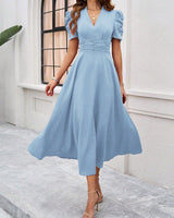 Strukturierte Puff Kurzarm Raffungen Midikleid A Linie Tailliert Casual Chic in Dunkelblau