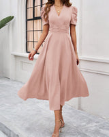 Strukturierte Puff Kurzarm Raffungen Midikleid A Linie Tailliert Casual Chic in Rosa