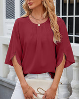 Leichte Fließende Unifarbene Rundhals Dreiviertelarm Chiffon Bluse in Burgunder