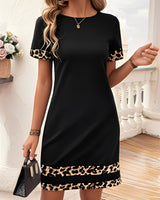 Leopardenmuster Patchwork Bootsausschnitt Kurzarm T Shirt Kleid in Schwarz