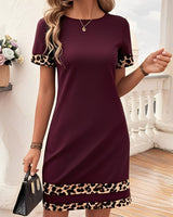 Leopardenmuster Patchwork Bootsausschnitt Kurzarm T Shirt Kleid in Burgunder