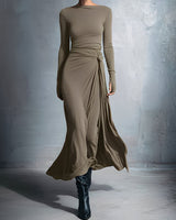 Joeena – Maxikleid Mit Seitlichem Knoten in Khaki