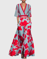 Valentina | Damen Maxi Wickelkleid mit V Ausschnitt und Muster in Blau Rot