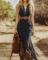 Valentina | Damen Spitzen Ärmellos Midikleid in Blau