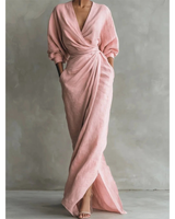 Valeria | Damen Langarm Maxikleid mit V Ausschnitt und Besonderem Schnitt in Rosa