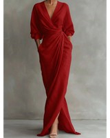 Valeria | Damen Langarm Maxikleid mit V Ausschnitt und Besonderem Schnitt in Rot