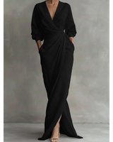 Valeria | Damen Langarm Maxikleid mit V Ausschnitt und Besonderem Schnitt in Schwarz