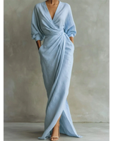 Valeria | Damen Langarm Maxikleid mit V Ausschnitt und Besonderem Schnitt in Hellblau