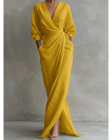 Valeria | Damen Langarm Maxikleid mit V Ausschnitt und Besonderem Schnitt in Gelb