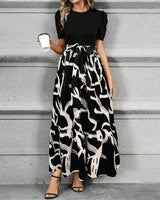 Aria | Damen Maxi-Kleid Puffärmel Blumendruck Bindegürtel in Abstrakt Schwarz