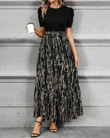 Aria | Damen Maxi-Kleid Puffärmel Blumendruck Bindegürtel in Farnmuster Schwarz