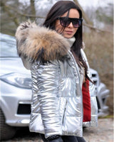 Elisee | Winterjacke mit Kunstfellkapuze und glänzendem Finish in Argent