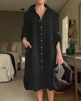 Lissabon™ Kleid aus Baumwoll-Leinen mit tailliertem Kragen / Das Couture-Kleidungsstück für die moderne Frau! in Schwarz