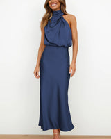 Aukje – Elegantes ärmelloses Maxikleid Aus Satin in Blau