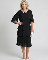 Vesperina | Damen Gestuftes Midi Kleid mit Rüschenärmeln in Schwarz