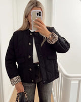 Damen elegante Jacke mit Leoparden Futter in Schwarz