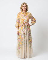 Cressida | Florales, transparentes Maxikleid mit langen Ärmeln in Gelb