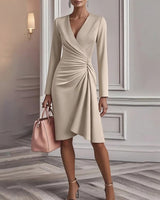 Vevina | Damen Wickelkleid V-Ausschnitt Langarm Knielang in Khaki