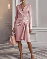 Vevina | Damen Wickelkleid V-Ausschnitt Langarm Knielang in Rosa