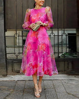Viviana | Damen Midi Blumenkleid mit Ballonärmeln in Rosa