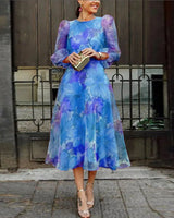 Viviana | Damen Midi Blumenkleid mit Ballonärmeln in Blau