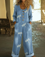 Denim Jumpsuit Damen Casual Libellenmuster in Denim