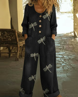 Denim Jumpsuit Damen Casual Libellenmuster in Schwarz