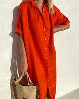 Wanda | Damen Kurzarm Hemdblusenkleid Midi in Rot