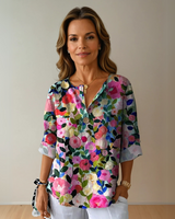 Addison | Blumenmuster Knotenverschluss Bluse in Blau - Rosa