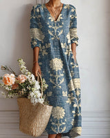 Wilhelmine | Damen V-Ausschnitt Blumenkleid Langarm in Blau
