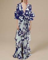 Willa | Damen Blumen Wickelkleid Maxi in Blau
