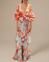 Willa | Damen Blumen Wickelkleid Maxi in Orange
