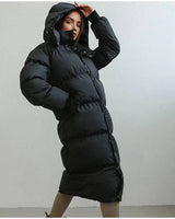 Wintermantel Damen Puffer Lang mit Kapuze in Schwarz