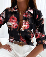 Elle | Schicke Bluse mit Kragen in Schwarze rosa Blumen