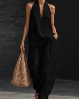 Nele | V-Ausschnitt-Top & weite Hose im Leinen-Look in Schwarz
