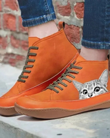 Yvonne | Damen Orthopädische Stiefeletten mit Katzen Muster und Schnürsenkel Design in Orange