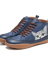 Yvonne | Damen Orthopädische Stiefeletten mit Katzen Muster und Schnürsenkel Design in Blau